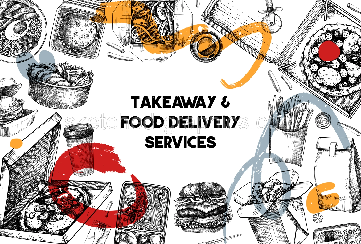 Fast food background. Hand drawn vector illustration. Collage style.  Food delivery, takeaway food, takeout food in paper box, fast food menu design. Pizza, burger, coffee, noodles, poke, sushi sketch Illustration
